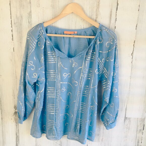 Oliphant Tops - Oliphant Blue Top Silver Sequins Preppy Contemporary Tassels XS